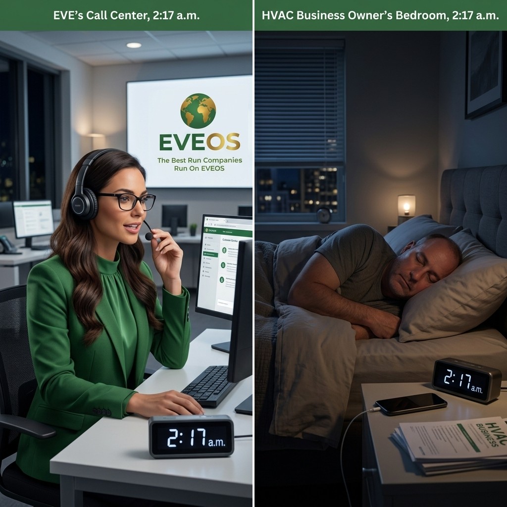 Split image: EVE answering calls at 2:17 a.m. beside an HVAC business owner asleep at 2:17 a.m.